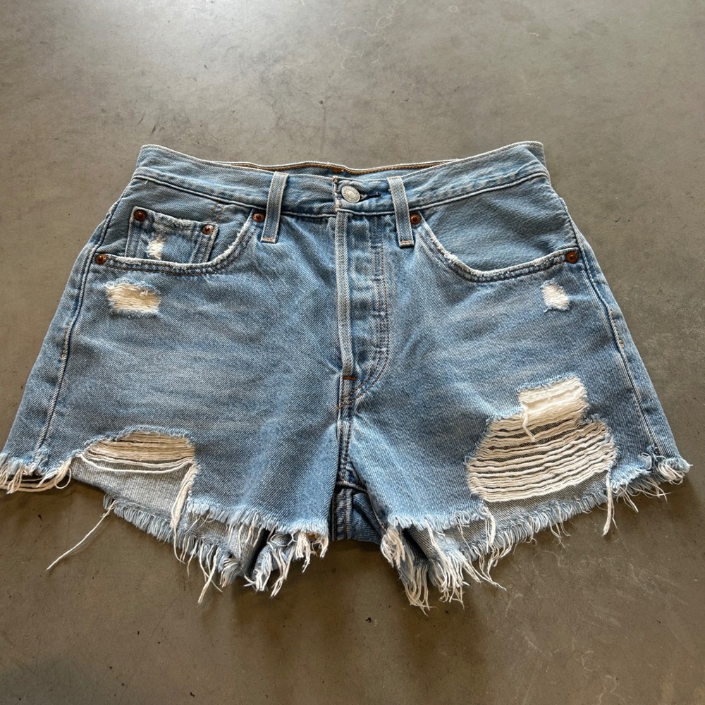 Levis 501 Original Distressed Denim Shorts Light Wash High Rise Cut Offs 25 26